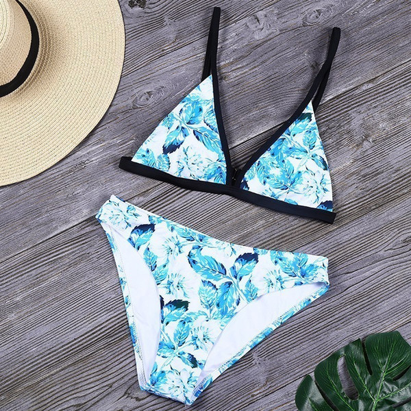 Leaf Print Bikini Deep V Swimsuit 2019 Sexy Backless Bathing Suit Blue Beachwear Female Swimming Suit Biquini Swim Wear Biquini 35