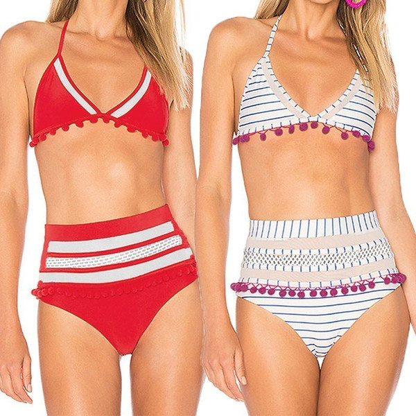 Women Patchwork Bandage Swimsuit Sexy Solid Striped Swimwear Bikinis New Tassel Bathing Female Summer Suit Halter Top Beachwear 35