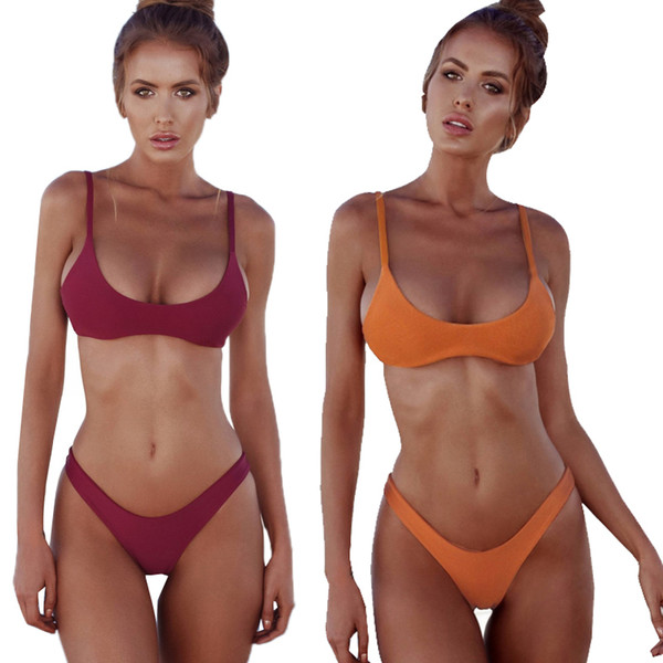 Sexy High Cut Swimwear Women Solid Brazilian Bikinis Low Waist Tube Top Bathing Suit Female Summer Halter Beach Wear Biquini 35