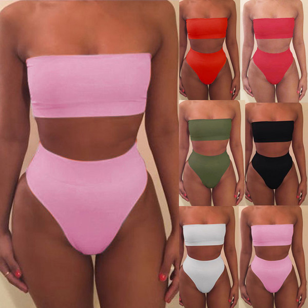 2019 Strapless Bikini Sexy bikinis women Set Off Shoulder Solid Bandage Push Up Padded Swimwear Swimsuit Beachwear Pluz Size biquini