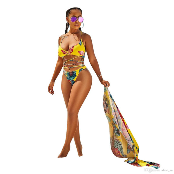 New arrival 3 Pieces Women Swimsuit 2018 Sexy Swimwear Bikini Set Floral Printed Cover Ups Brazilian High Waist Thong Cardigan Bathing Suit