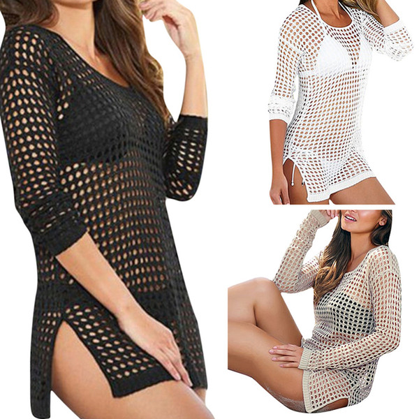 Women Summer Sexy Mesh Knitted Crochet Swimsuit Beach Cover up Swimwear Dress Bikini Wrap Bathing Suit Hot Cover Ups 2506027