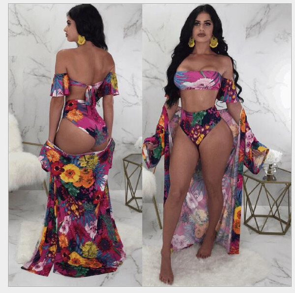 Sexy Elegance Ruffles Bow Bandage Bikini Set+Cover Up 3 Pcs Sets Swimwear 2018 Summer Women Floral Print Swim Suit Beach Wear