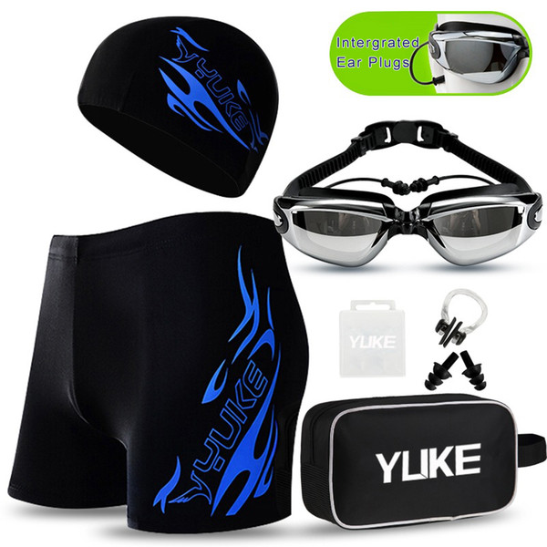 5 in 1 Swimwear Men's Square Leg Swim Trunks Brief with Cap UV Protection Anti Fog Swim Goggles Earplugs Swimsuit Set