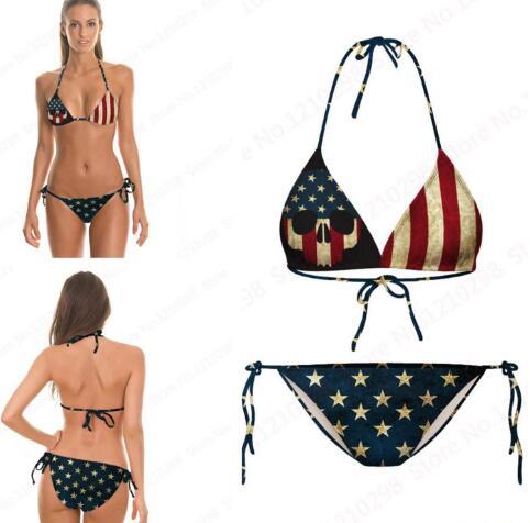 Vintage Bikini Set USA Flag Striped Star Tight American Flag Beach Bikini Two Pieces Bandage Retro Bathing Suits Printed Cheap