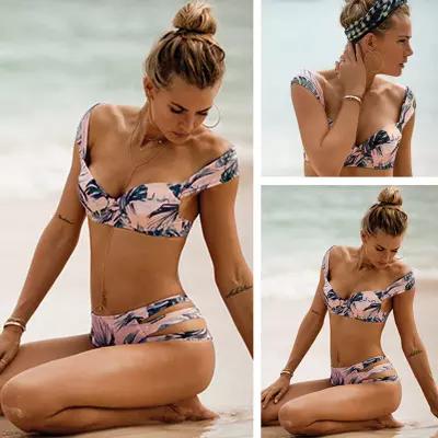 2018 Sexy Bikini Retro Tropical Palm Leaf Floral Swimsuit Off Shoulder Push Up Bikini Set Bathing Suit Swimwear Women