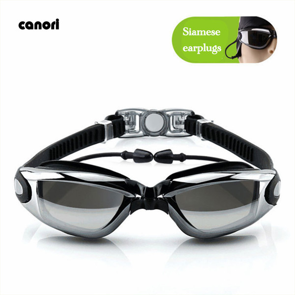 Fashion plating flat swimming glasses innovative conjoined earplugs swimming goggles large frame waterproof anti-fog multi-function goggles