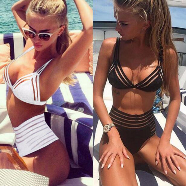 Sexy Stripe Perspective Mesh Swimming Suit Women Swimsuit Two Piece Sets Swimwear Summer swim suits