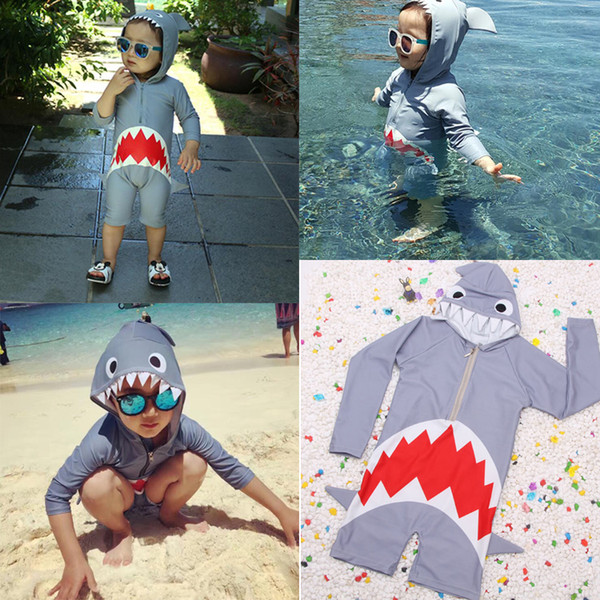 Cute Sharks Cartoon Swimwear Korean New Arrivals Baby Swimsuit Beach Kids Long Sleeve Swim Bathing Suit