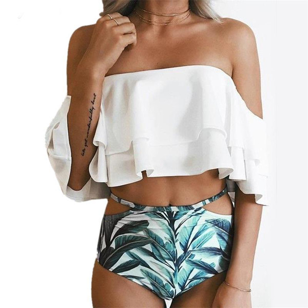 Bikini set 2017 Doubledeck flouncing Swimsuit Push Up Bathing Suit sexy Women High Waist Swimwear Off Shoulder Swimming Suits