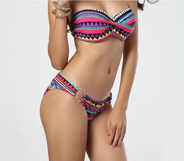 New Arrival Vintage Bikini Set Strapless Geometric Contrast Color Hot Sale Swimming Wear for Women Sexy Push Up Bathing Suits