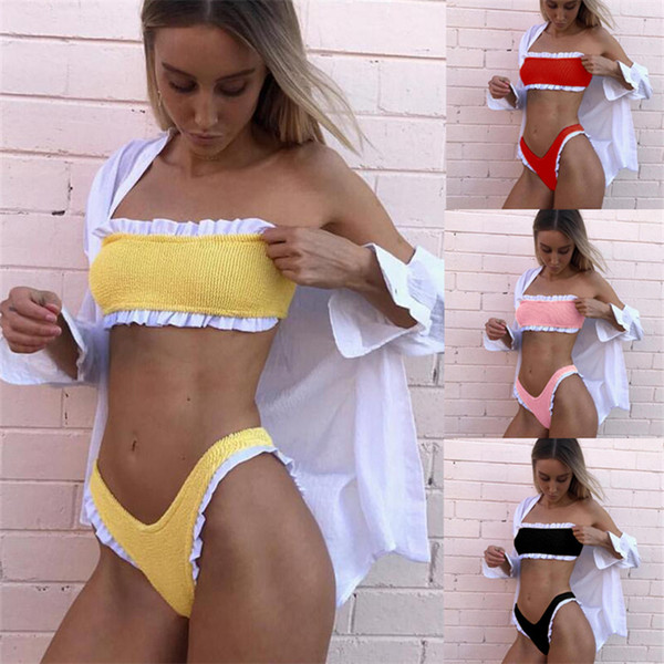 Swimwear Swimsuit Pleated Bikinis Women Bathing Suit Solid Bikini Flower Side Beach Wear