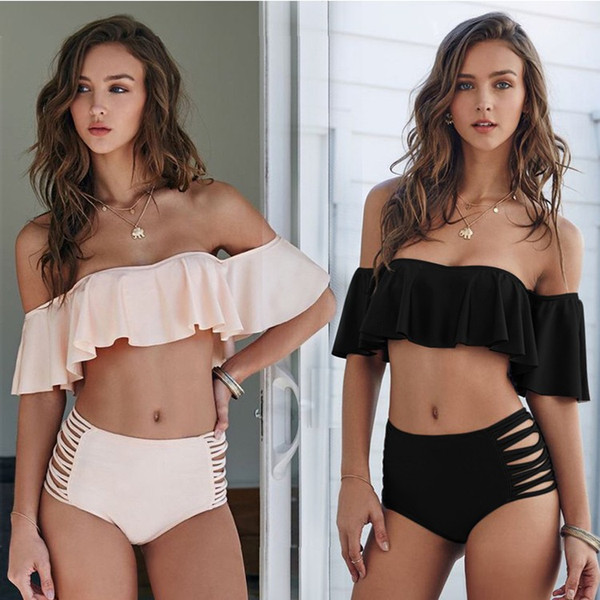 New Sexy Bikini Set High Waist Swimwear Women Striped Biquini Ruffled Swim Bathing Suit Solid Swimsuit Vintage Bikinis