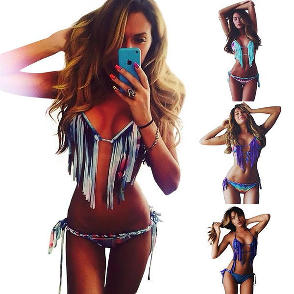 INS Beach Sunny Vacation Sexy Tassel Swimwear Women Padded Boho Fringe Bandeau Bikini Set New Swimsuit Lady Bathing suit