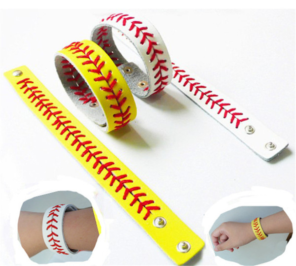 11 Colours Newest Baseball Leather Softball Yellow Bracelet Jewelry Softball Bracelet with Red Stitching And Snap Fast Free Shipping