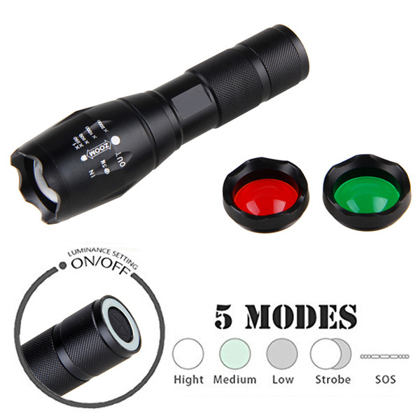 3800 Lumen Flashlight Cree XML T6 White Green Red Zoomable Focus LED Light 5 Modes Tactical Flashlight for Hunting