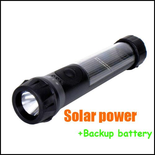 black Waterproof Solar Powered Rechargeable LED Flashlight Torch Lamp w/Backup battery US