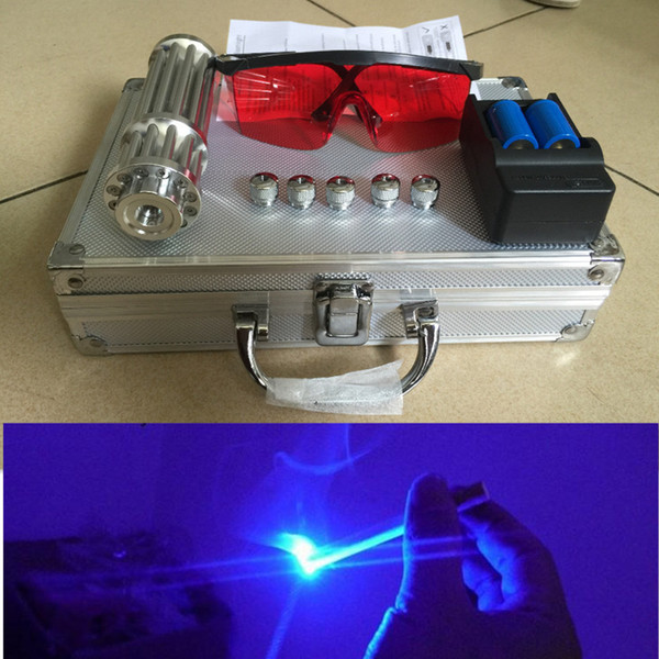 Led Flashlight Blue Laser Pointer Light Burning Cigarette And Matchstick Torch +5 * Pattern +16340 Battery +Charger +Box +Glasses