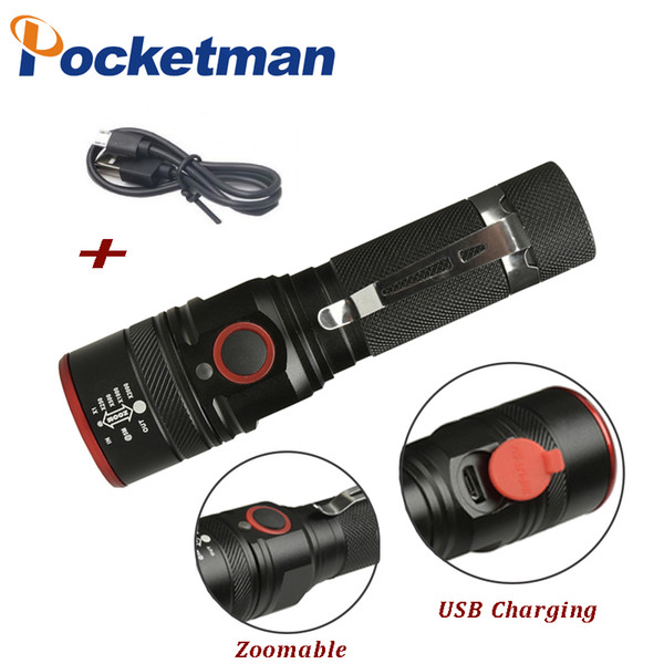 USB Rechargeable Flashlight T6 Led Flashlight Zoomable 3 modes torch for 18650 with USB cable Camping