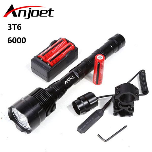 Anjoet 6000lm Powerful Xml 3xt6 Led Tactical Flashlight 18650 Lantern 5mode Torch +Battery +Charger +Remote Switch +Gun Mount