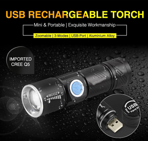 USB LED Flashlight Handy Rechargeable LED Torch Light Hunting Mini USB LED Lanterna 3 Modes Zoomable Torch for Camping