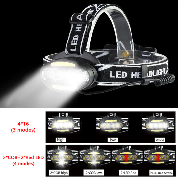 Headlight 30000 Lumen headlamp 4* T6 +2*COB+2*Red LED Head Lamp Flashlight Torch with batteries charger