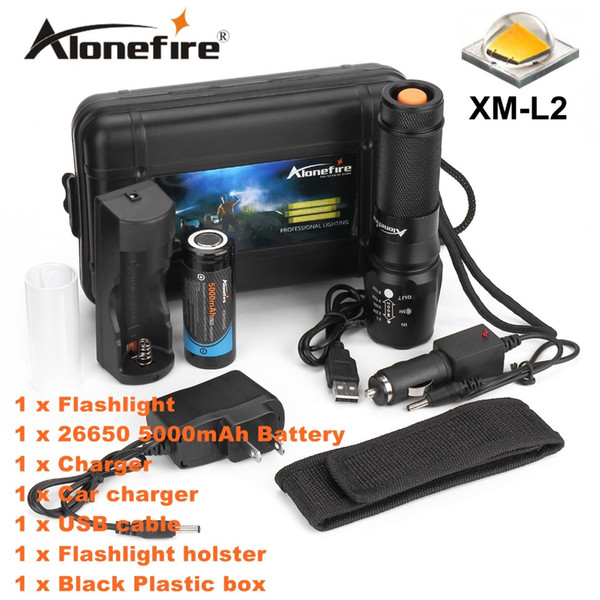 Alonefire X800 Zoomable Xm -L2 Led Flashlight Torch Lighting Defensive Tactical Flashlight Night Light +26650 Battery +Charger