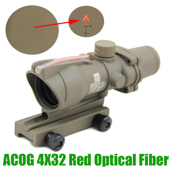 Hunting Rifle Scope ACOG 4X32 Fiber Optics Red Dot Illuminated Chevron Glass Etched Reticle Real Red Fiber Tactical Weaver Sight