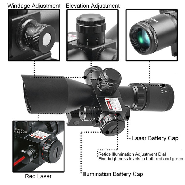 Tactical 2.5-10x40 Riflescope Red Green Dual illuminated Mil-dot Rifle Scope with Red Optics Sight Laser Sight Airsoft 20mm