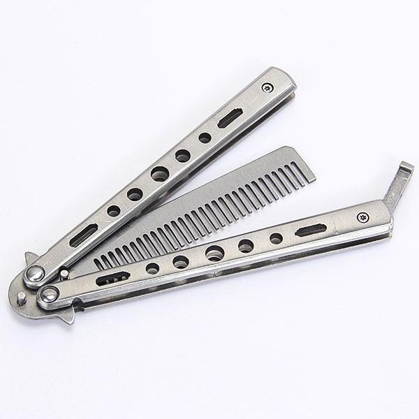 Silver Practice Butterfly Knife Trainer Training Folding Knife Dull Tool Outdoor Camping Knife Comb