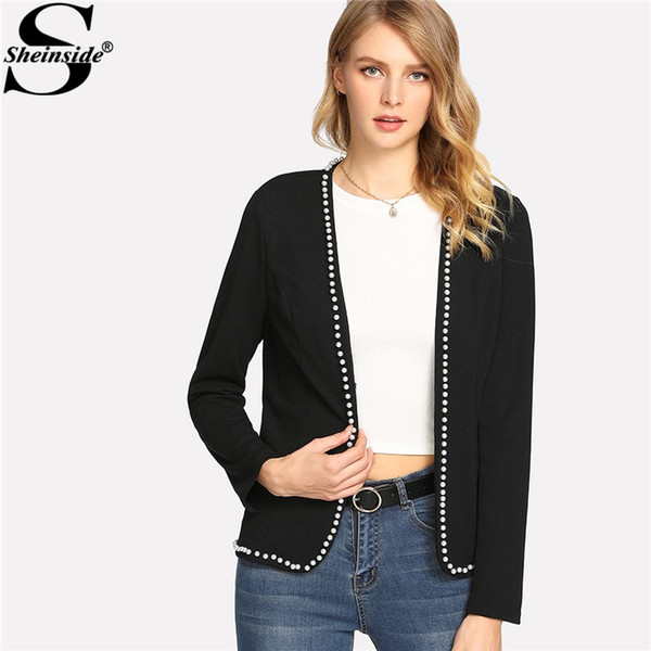 Sheinside 2018 Spring Pearl Beading Tailered Blazer Black Round Neck Long Sleeve Elegant Jacket Women OL Style Work Blazer