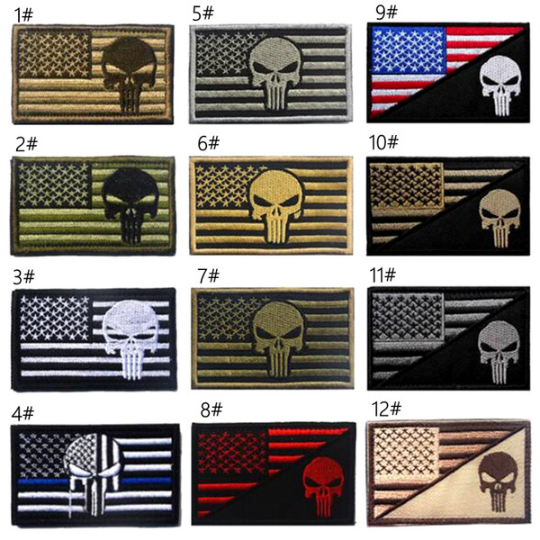 VP-162 High Quantity US Flag+The Punisher Blue line 3D tactical patch ARMY Embroidered Applique Patch Hook&Loop Morale Badge for cap badge