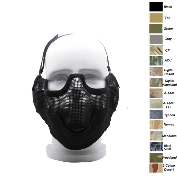 Outdoor Airsoft Shooting Face Protection Gear V2 Metal Steel Wire Mesh Half Face Tactical Airsoft Mask with Ear Protention