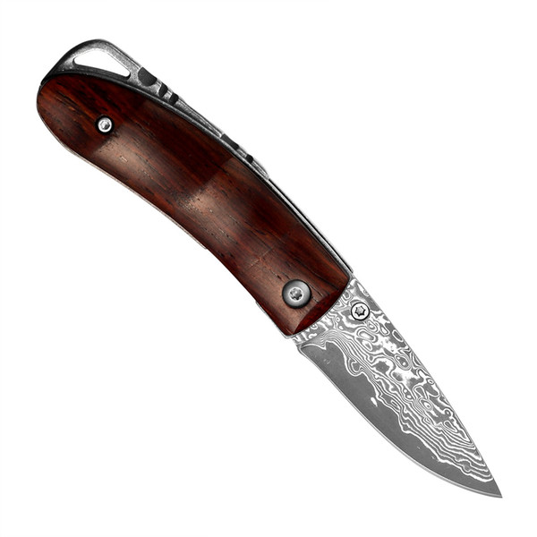 KUBEY Wood Pocket Knife with Etched Damascus Blade and Rosewood Handle Gentleman Folder for Camping Hiking Gift Collection