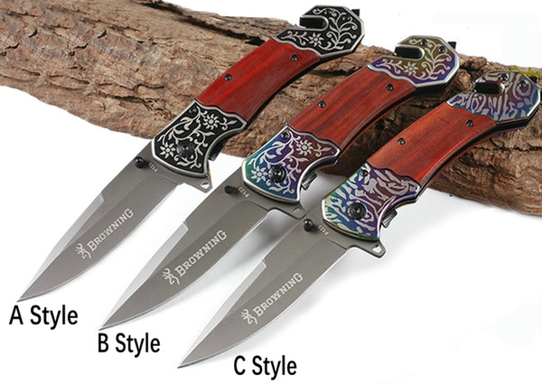 New Browning F123 Folding Flipper Survival Pocket Knife 440C 57HRC Blade Wood Handle EDC Tactical Rescue Knives Hunting Camping Tool P522R F