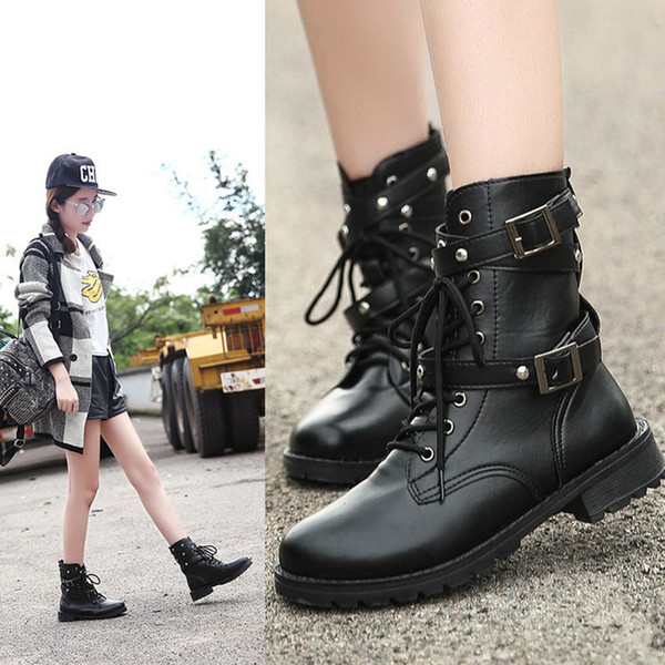 2019 New Women Punk Martin Boots Mid Calf Round Toe Knight Boots Lace Combat Rivet Buckle Wholesale-Free shipping