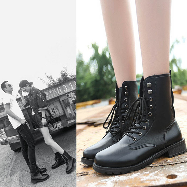 2019 Women Punk Martin Boots Mid Calf Round Toe Knight Boots Lace Combat Rivet Buckle Free shipping