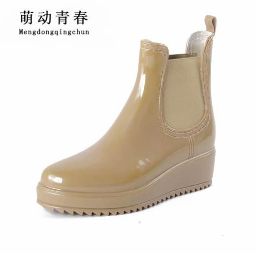 Platform Rain Boots Ladies Rubber Leather Ankle Boots Low Heels Women Boots Slip On Flats Shoes Woman Plus Size 36-41 XWX3577