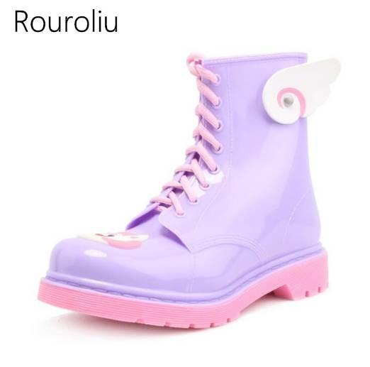 Rouroliu PVC Lace-up Ankle Rain Boots Women Cartoon Candy Colors Flat Heels Rainboots Water Shoes Woman Wellies ZJ68