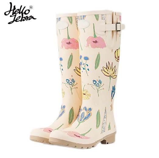 Hellozebra Women Tall Rain Boots Ladies Low Hoof Heels Waterproof Graffiti Buckle High Nubuck Round Toe Rainboots Fashion