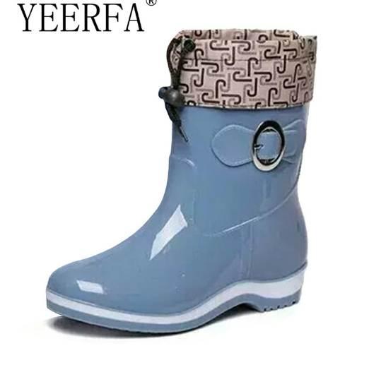 Rain Boots Rubber Women Ankle Boots Casual Platform Shoes Woman Warm Flats Women Shoes Size 36-40 Red blue beige