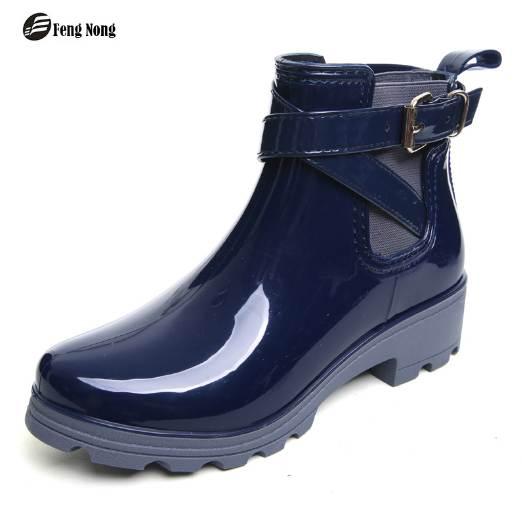 Fengnong New Rain Boots Warm Buckle Platform Slip On Pvc Waterproof Motorcycle Bowtie Ankle Flat With Woman Shoes w013