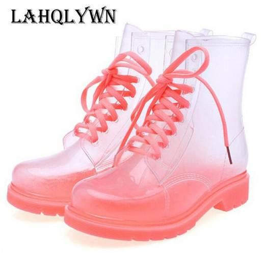 Fashion Women Transparent Rain Boots Rubber Lace Up Women Ankle Boots Waterproof Casual Comfort Ladies Martin Boots Shoes P97