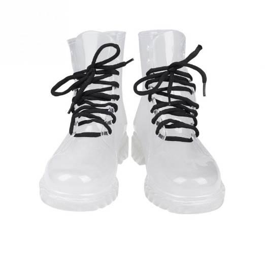 New Fashion Women Flat Transparent Clear Rubber Rain Boots Lace Up Ankle Boots Women Footwear Fashion Girls Boots For Female