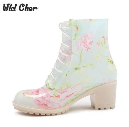 Women Spring 2017 Rain Boots Women's High Heel Thickened Footwear Ladies Fashion Flower Round Toe Half Knee Boots Size 36-405-39