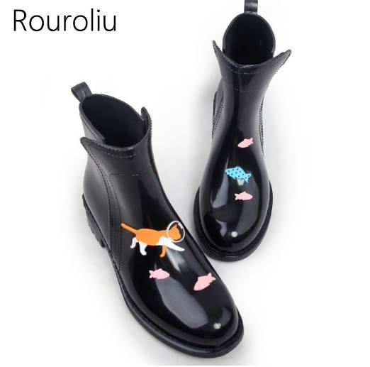 Rouroliu Fashion PVC Ankle Rain Boots Women Female Waterproof Cartoon Animals Rainboots Water Shoes Woman Wellies TR114