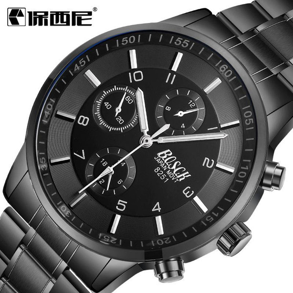 Korean version of ultra-thin men's black gold strip sports night light waterproof three eyes six Pin Black Watch