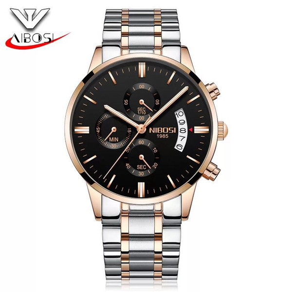 NIBOSI Butterfly Buckle Solid Steel Belt Men's Watch Waterproof Coating Glass Luminous Three Eyes 6 Pin Quartz Watchfree shipping