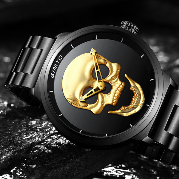 GIMTO Cool Skull Men Watch Luxury Brand Quartz Creative Clock Steel Black Army Tactical Female Male Wrist Watches relogio masculino