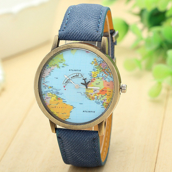 2017 Hot Fashion Global Travel By Plane Map Watches Casual Denim Quartz Watch Casual Sports Watches